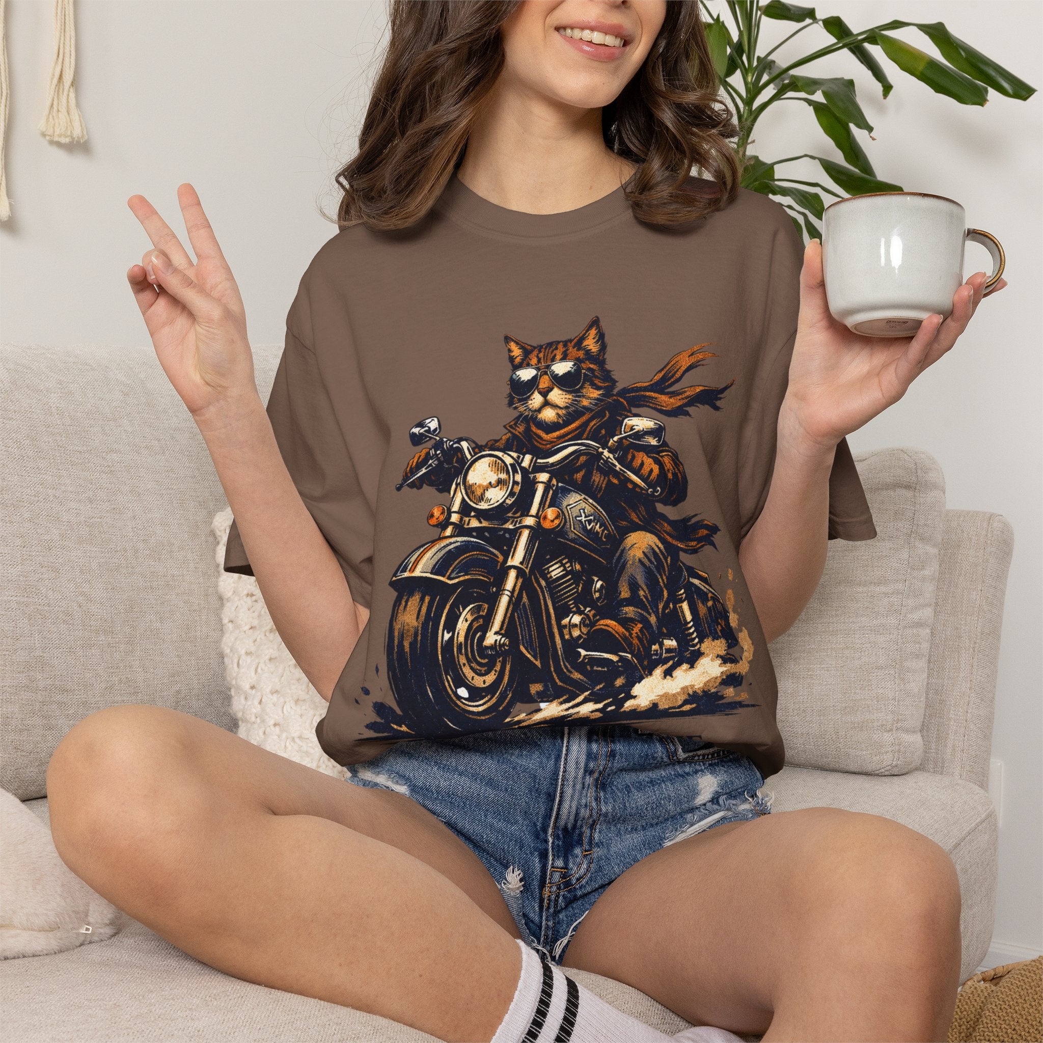 Ride or Reverie Cat Biker T-Shirt | Motorcycle Cat Illustration