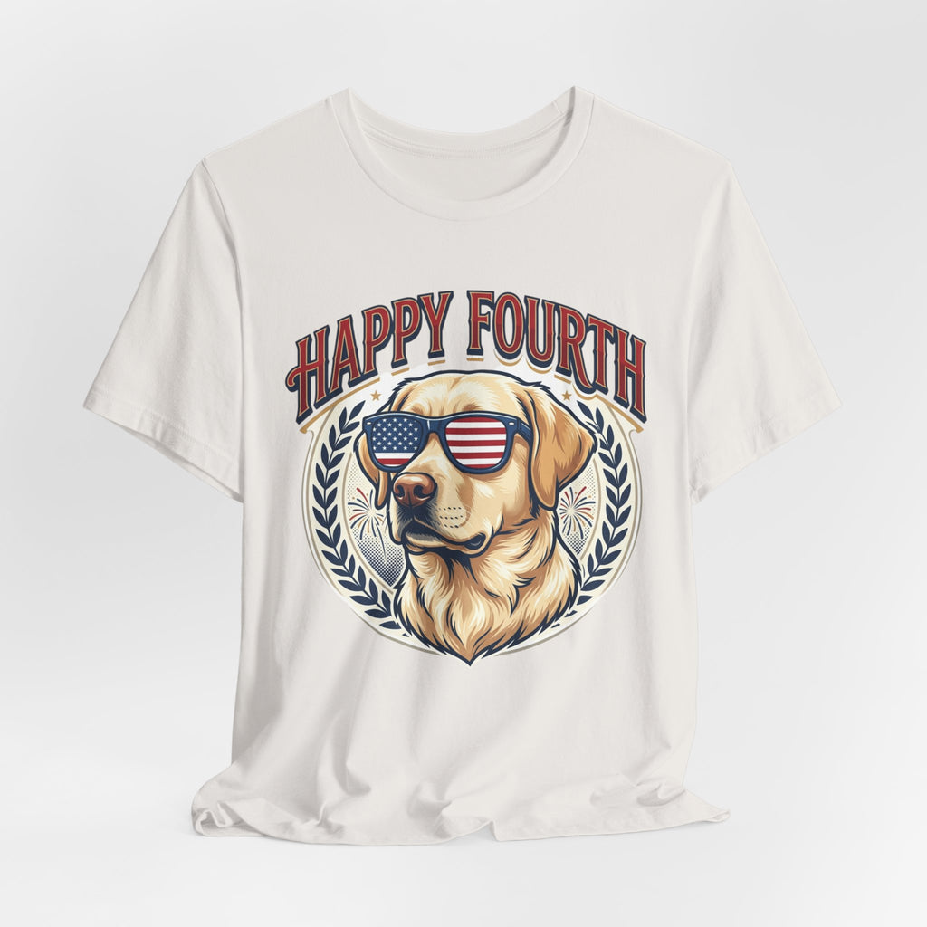 Happy Fourth Dog Sunglasses T-Shirt | Patriotic Labrador 4th of July Tee