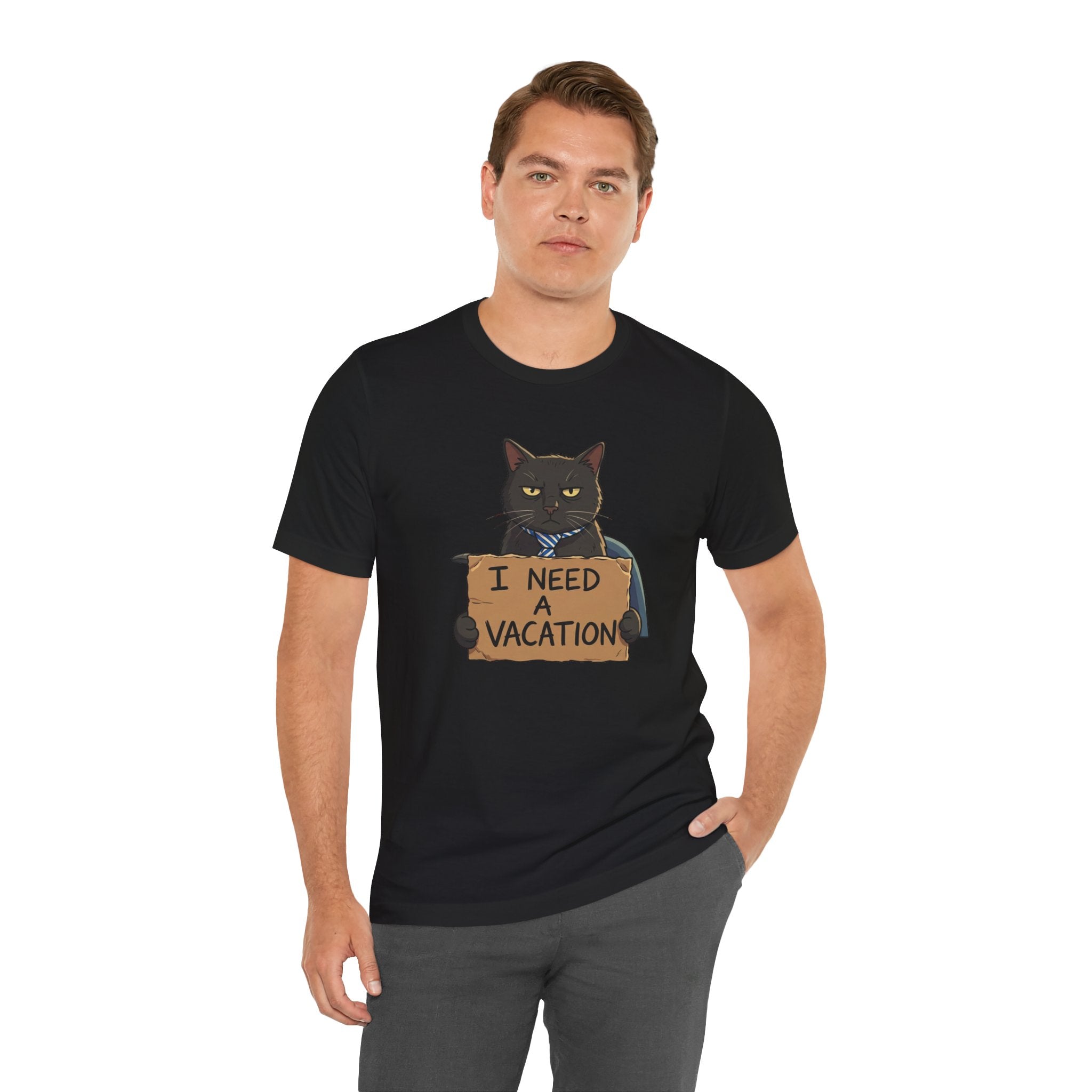 Black Cat Holding 'I Need a Vacation' Tee | Funny Cat Shirt
