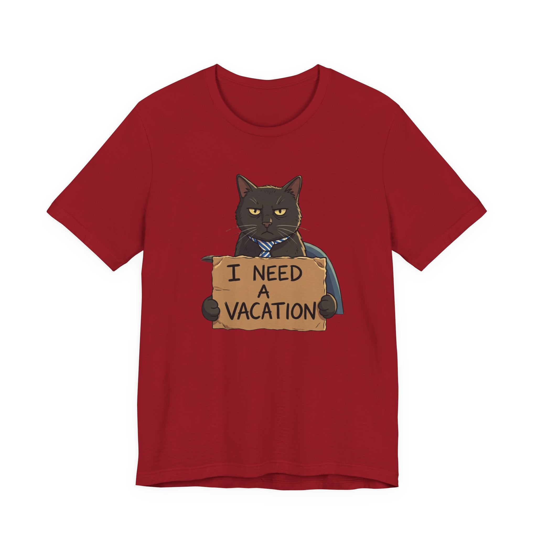 Black Cat Holding 'I Need a Vacation' Tee | Funny Cat Shirt