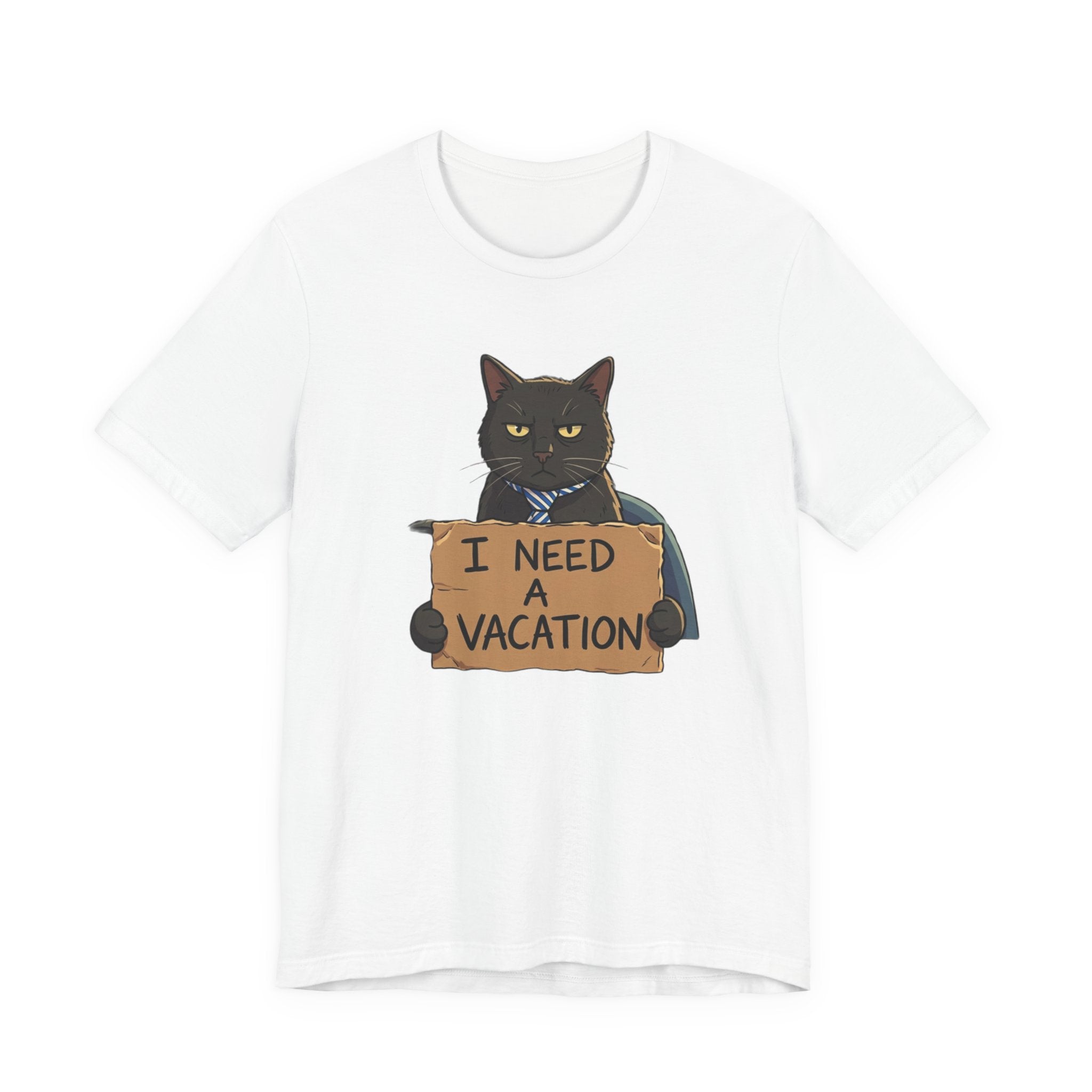 Black Cat Holding 'I Need a Vacation' Tee | Funny Cat Shirt