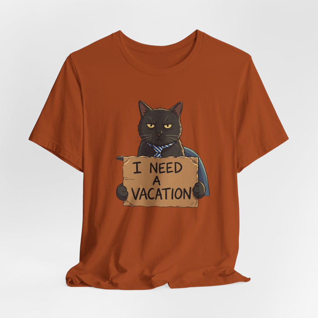Black Cat Holding 'I Need a Vacation' Tee | Funny Cat Shirt