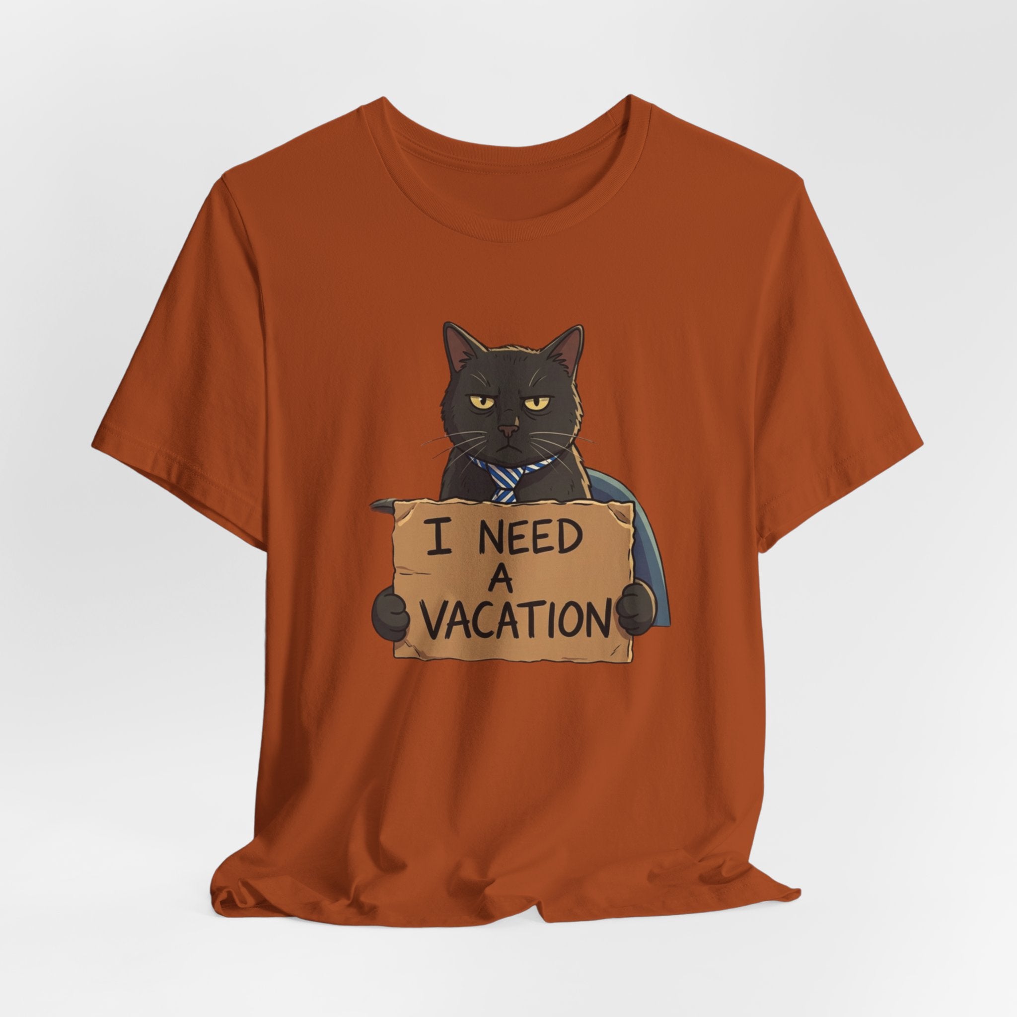 Black Cat Holding 'I Need a Vacation' Tee | Funny Cat Shirt