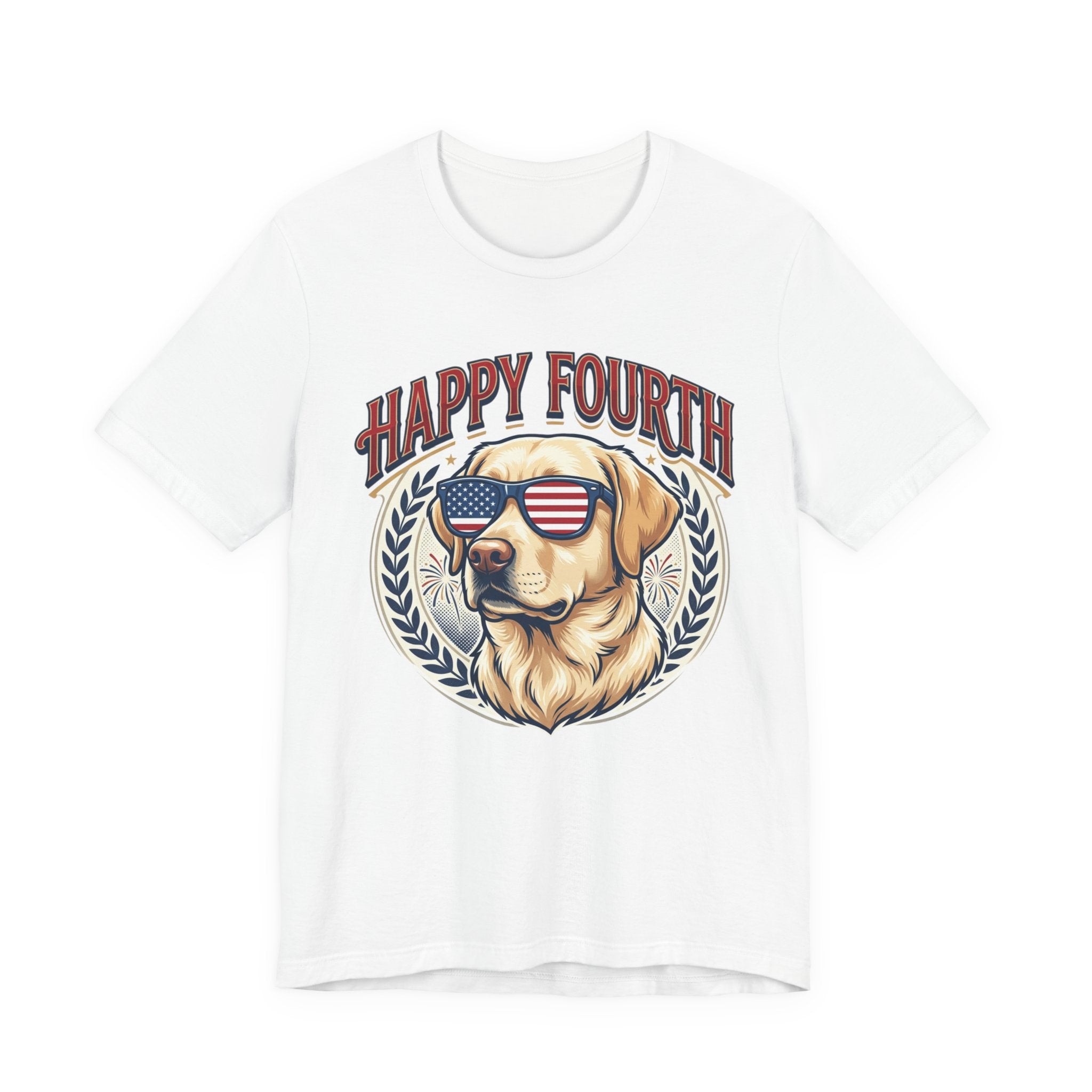 Happy Fourth Dog Sunglasses T-Shirt | Patriotic Labrador 4th of July Tee