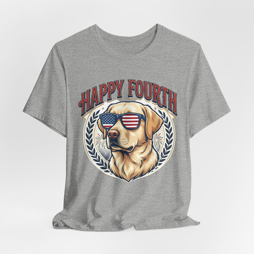 Happy Fourth Dog Sunglasses T-Shirt | Patriotic Labrador 4th of July Tee