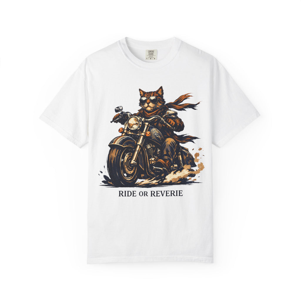 Ride or Reverie Cat Biker T-Shirt | Motorcycle Cat Illustration
