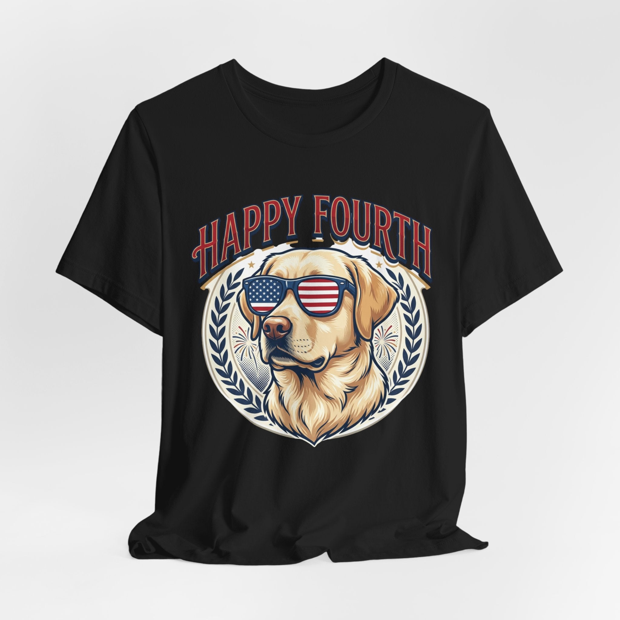 Happy Fourth Dog Sunglasses T-Shirt | Patriotic Labrador 4th of July Tee