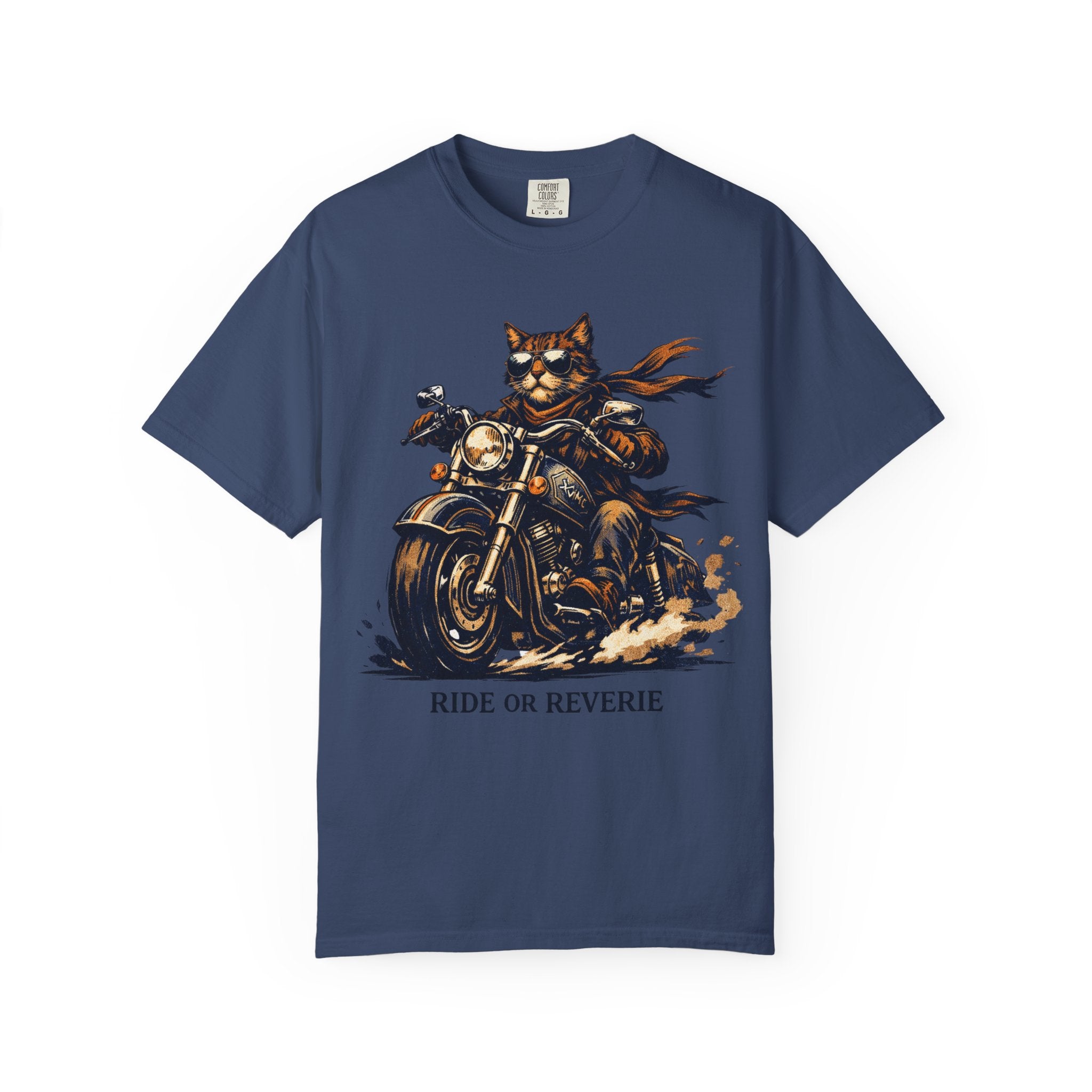 Ride or Reverie Cat Biker T-Shirt | Motorcycle Cat Illustration