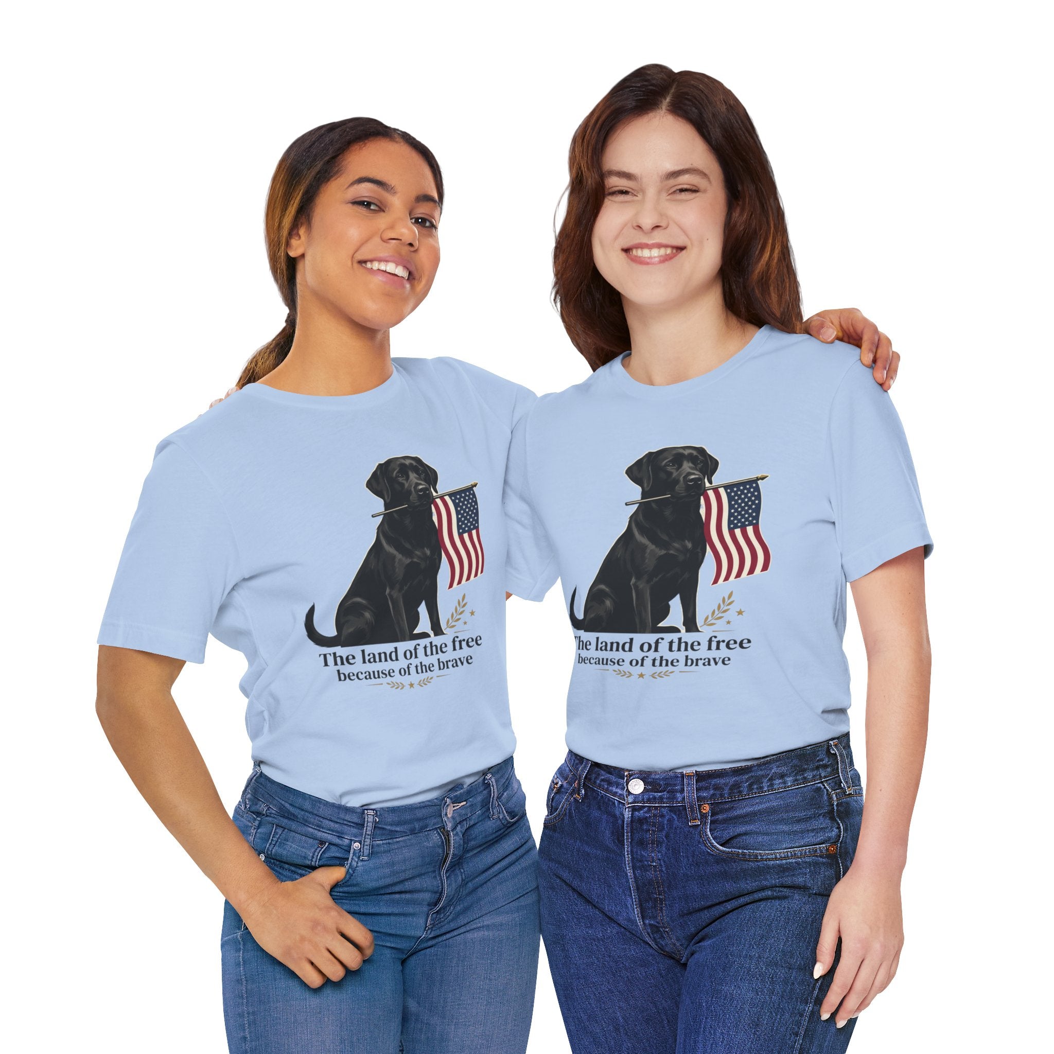 Black Labrador Holding American Flag T-Shirt | The Land of the Free Tee