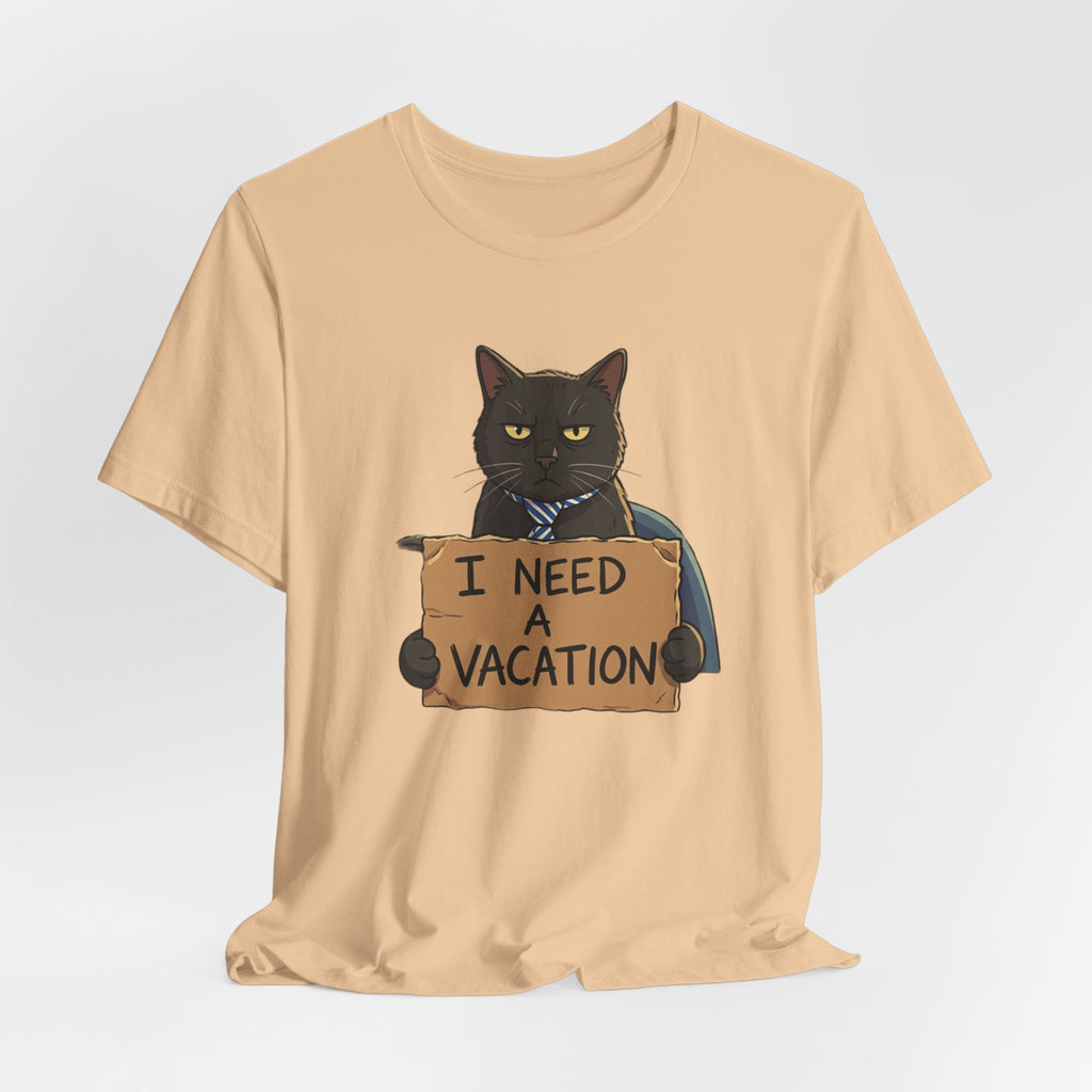 Black Cat Holding 'I Need a Vacation' Tee | Funny Cat Shirt