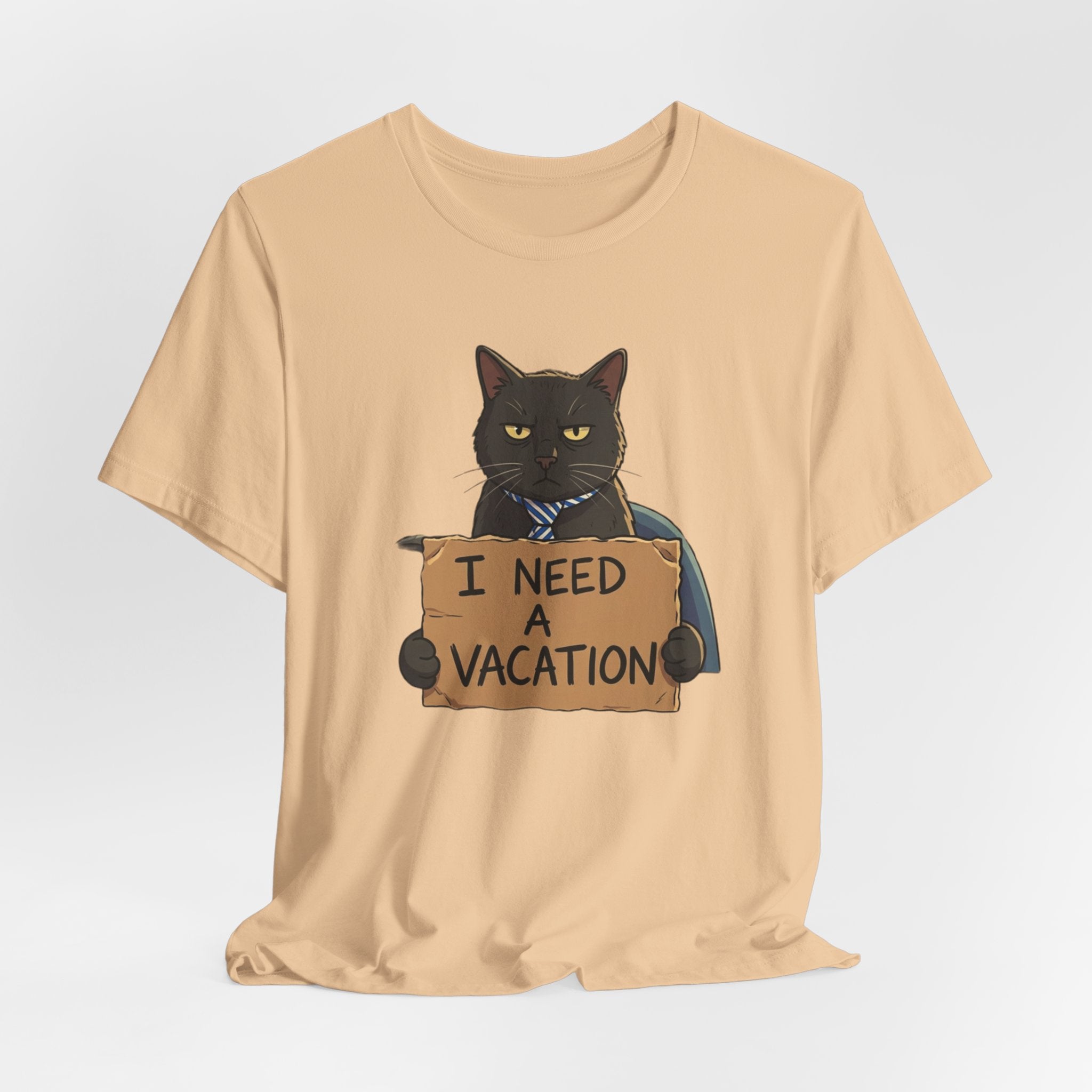 Black Cat Holding 'I Need a Vacation' Tee | Funny Cat Shirt