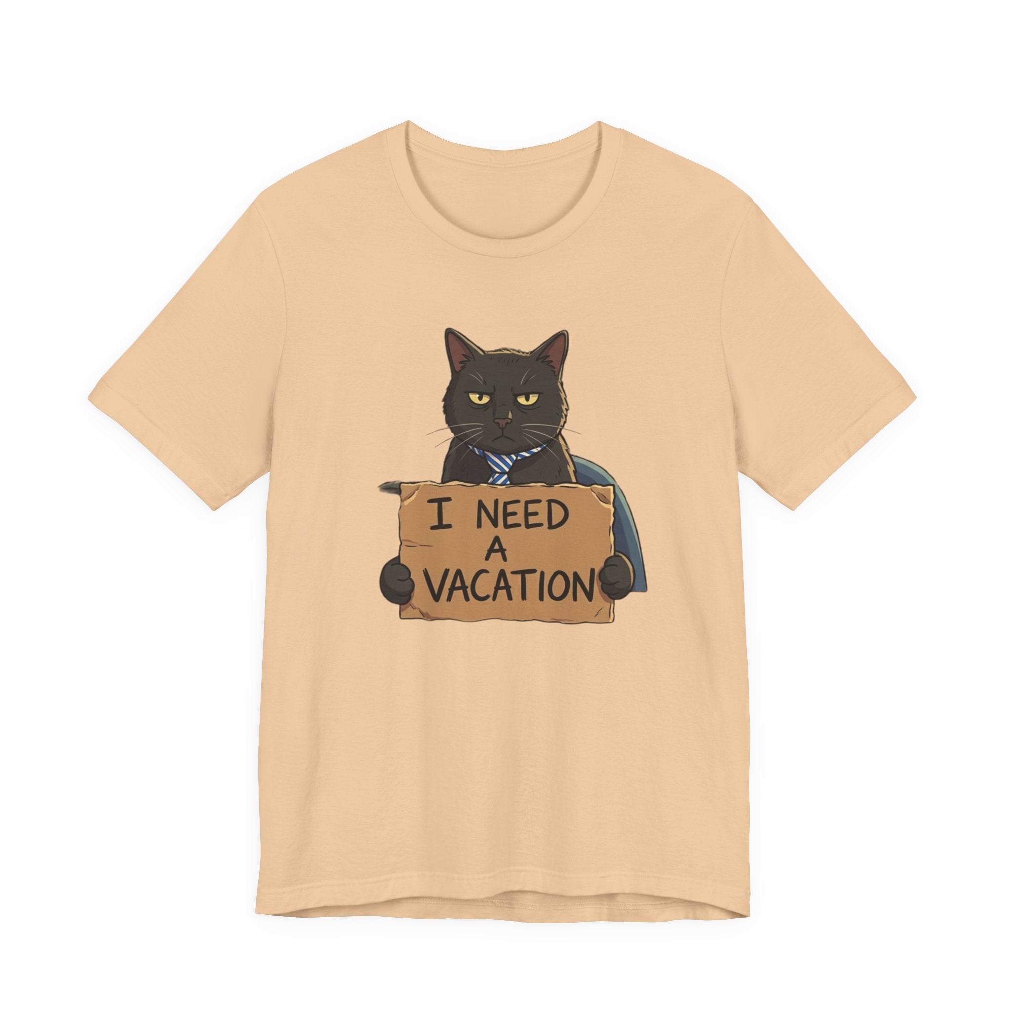 Black Cat Holding 'I Need a Vacation' Tee | Funny Cat Shirt