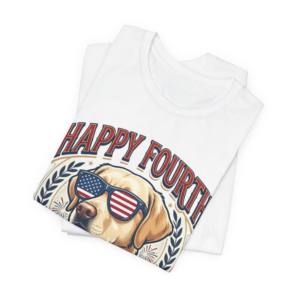 Happy Fourth Dog Sunglasses T-Shirt | Patriotic Labrador 4th of July Tee