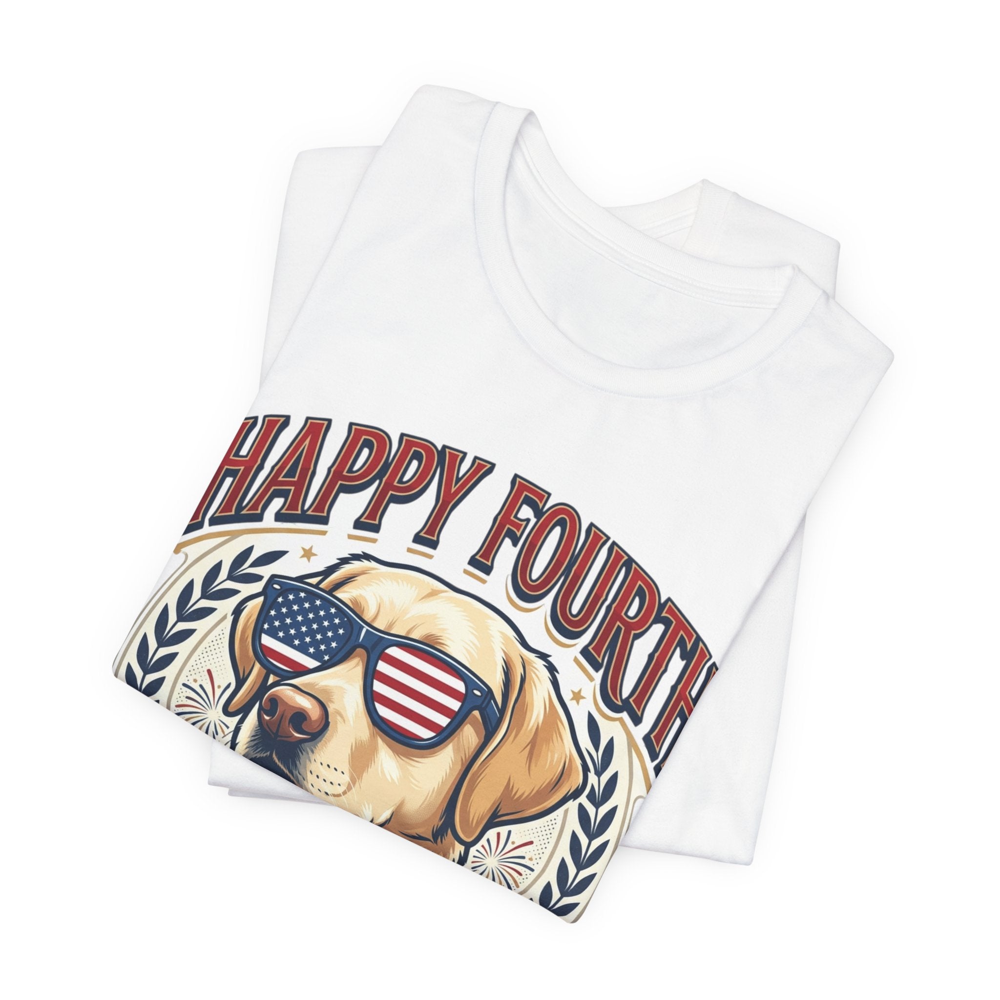 Happy Fourth Dog Sunglasses T-Shirt | Patriotic Labrador 4th of July Tee