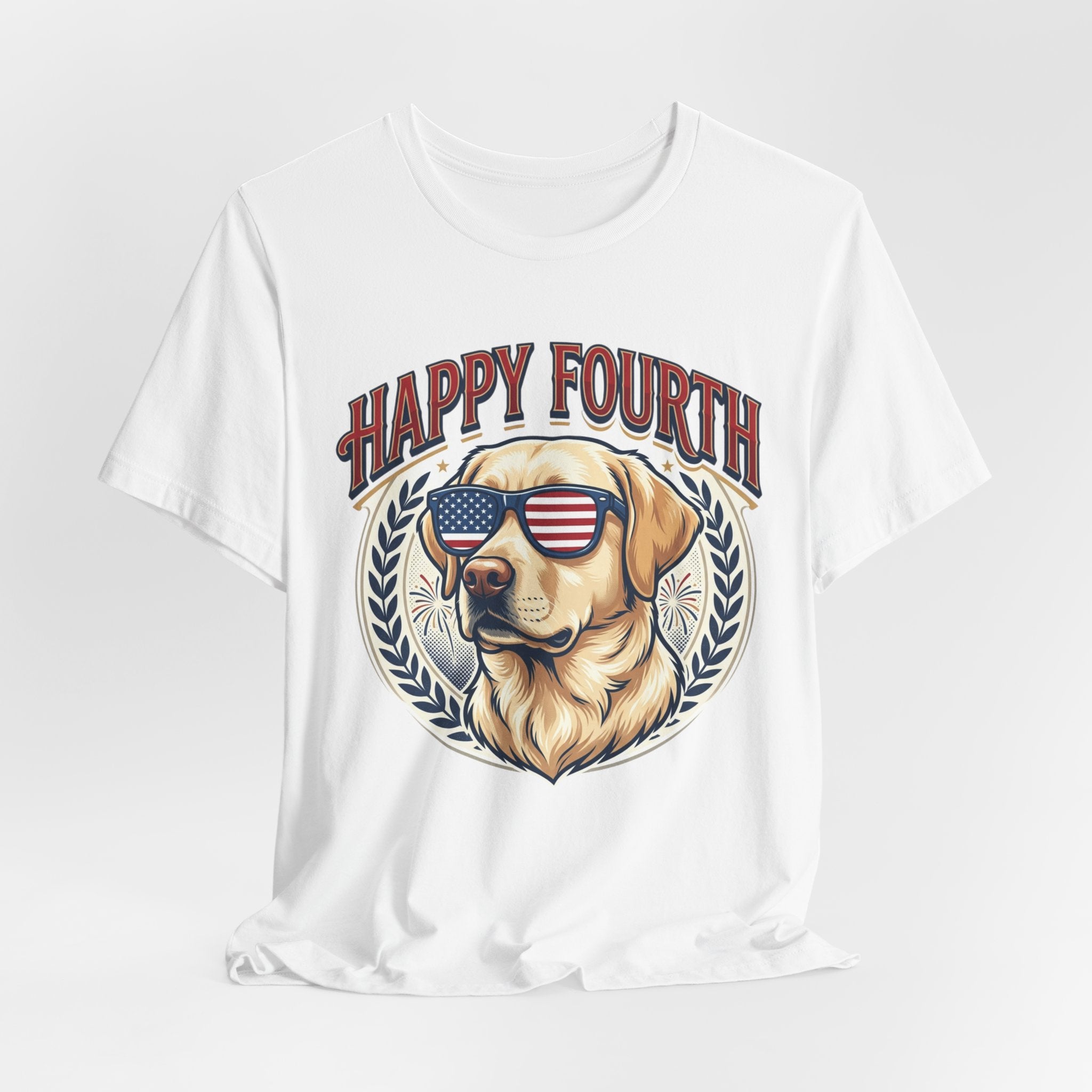 Happy Fourth Dog Sunglasses T-Shirt | Patriotic Labrador 4th of July Tee